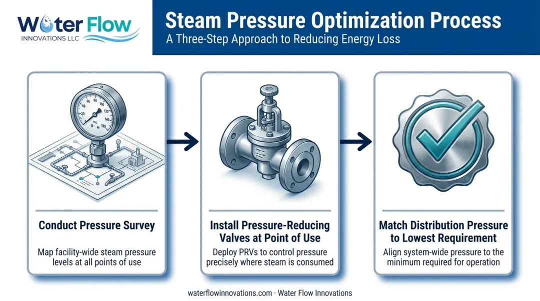 Three-step steam pressure optimization process from survey to implementation