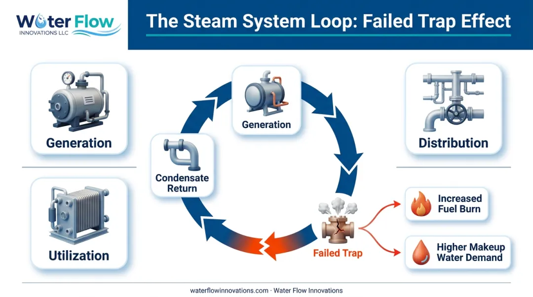 Four-stage steam system loop showing generation distribution utilization and condensate return
