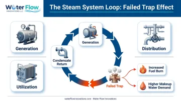 Four-stage steam system loop showing generation distribution utilization and condensate return