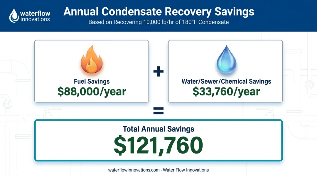 Condensate recovery annual savings breakdown showing fuel water and sewer costs