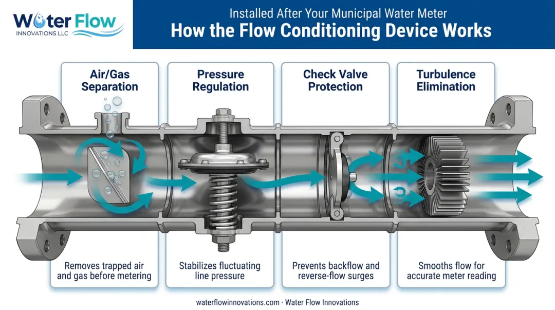 Flow Conditioning Device four-component system diagram for water meter accuracy