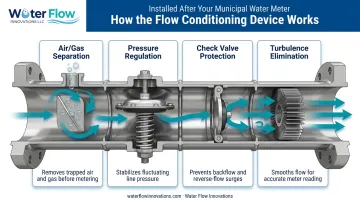 Flow Conditioning Device four-component system diagram for water meter accuracy