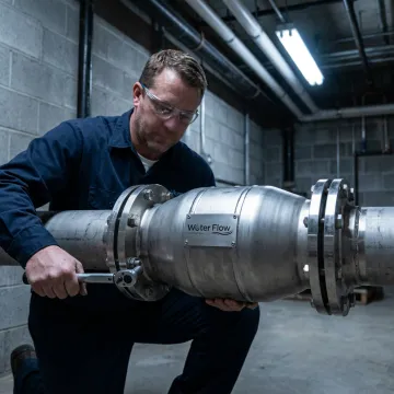 Technician installing a flow conditioning device on a commercial water line