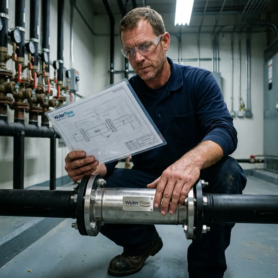 Technician inspecting commercial water meter piping