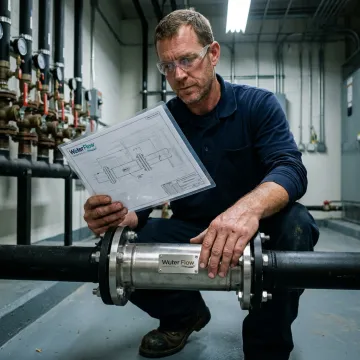 Technician inspecting commercial water meter piping