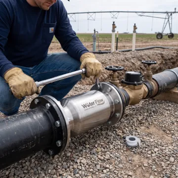 Technician installing a flow conditioning device on an irrigation line
