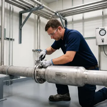Technician installing flow conditioning device on facility water line