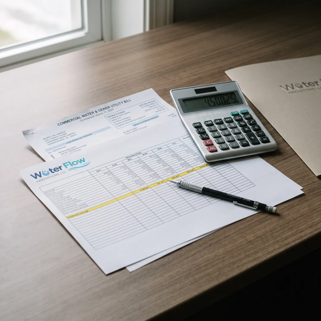 Utility bill audit report showing water and sewer savings projection