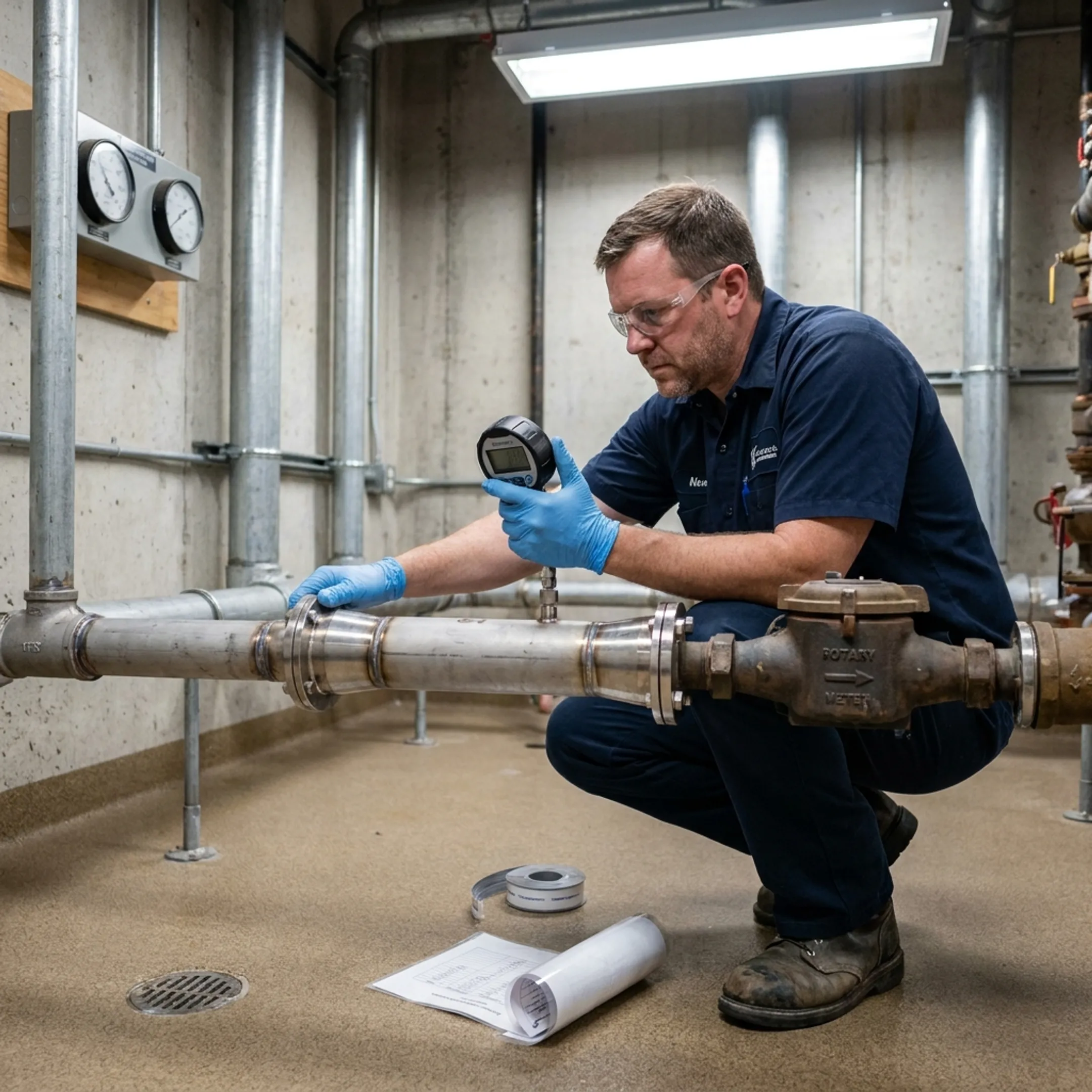 Technician inspecting a flow conditioning device in a commercial facility