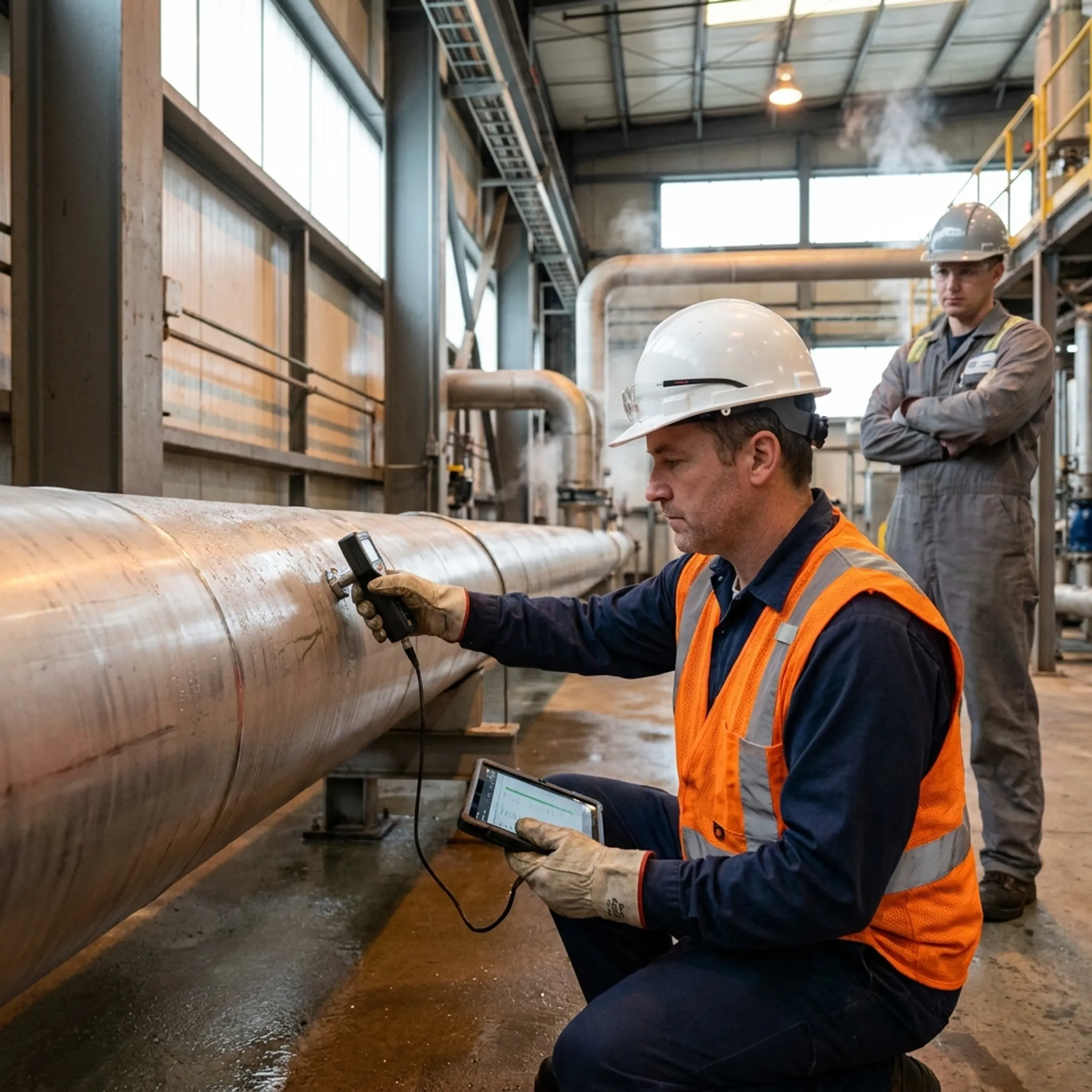 Technician evaluating industrial water flow equipment at a pulp and paper mill