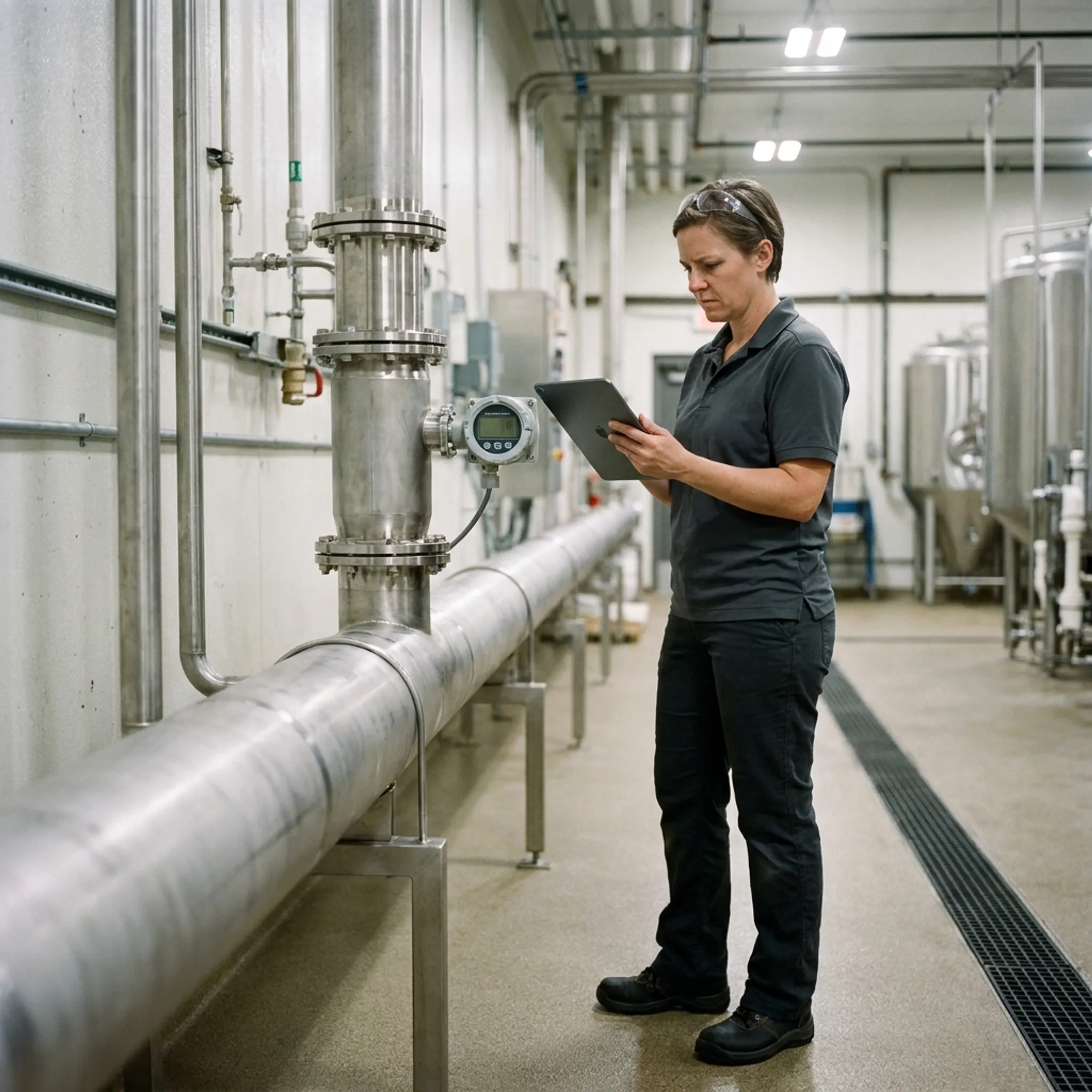 Technician evaluating water flow equipment at a beverage bottling facility