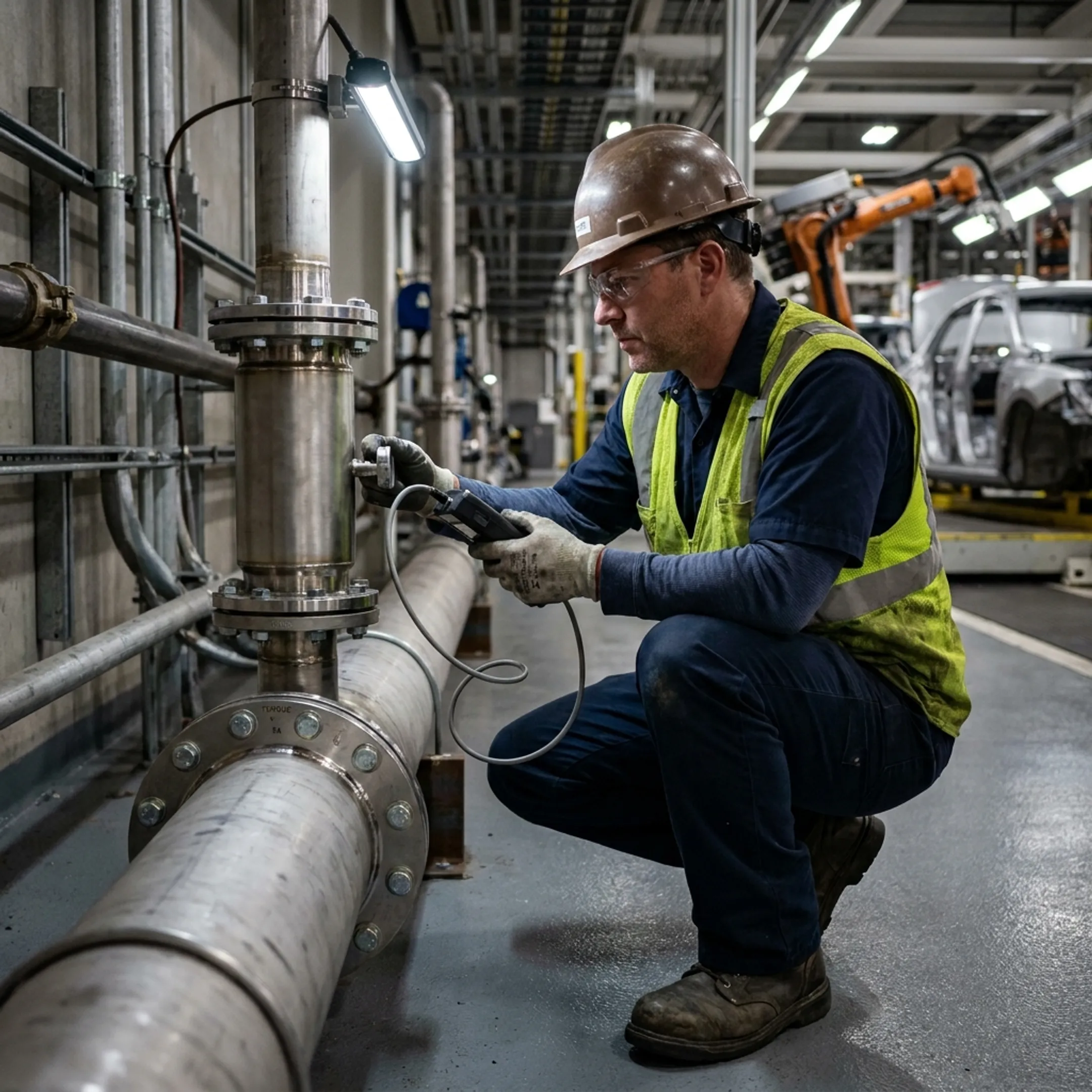 Flow conditioning device installed on an automotive manufacturing water line