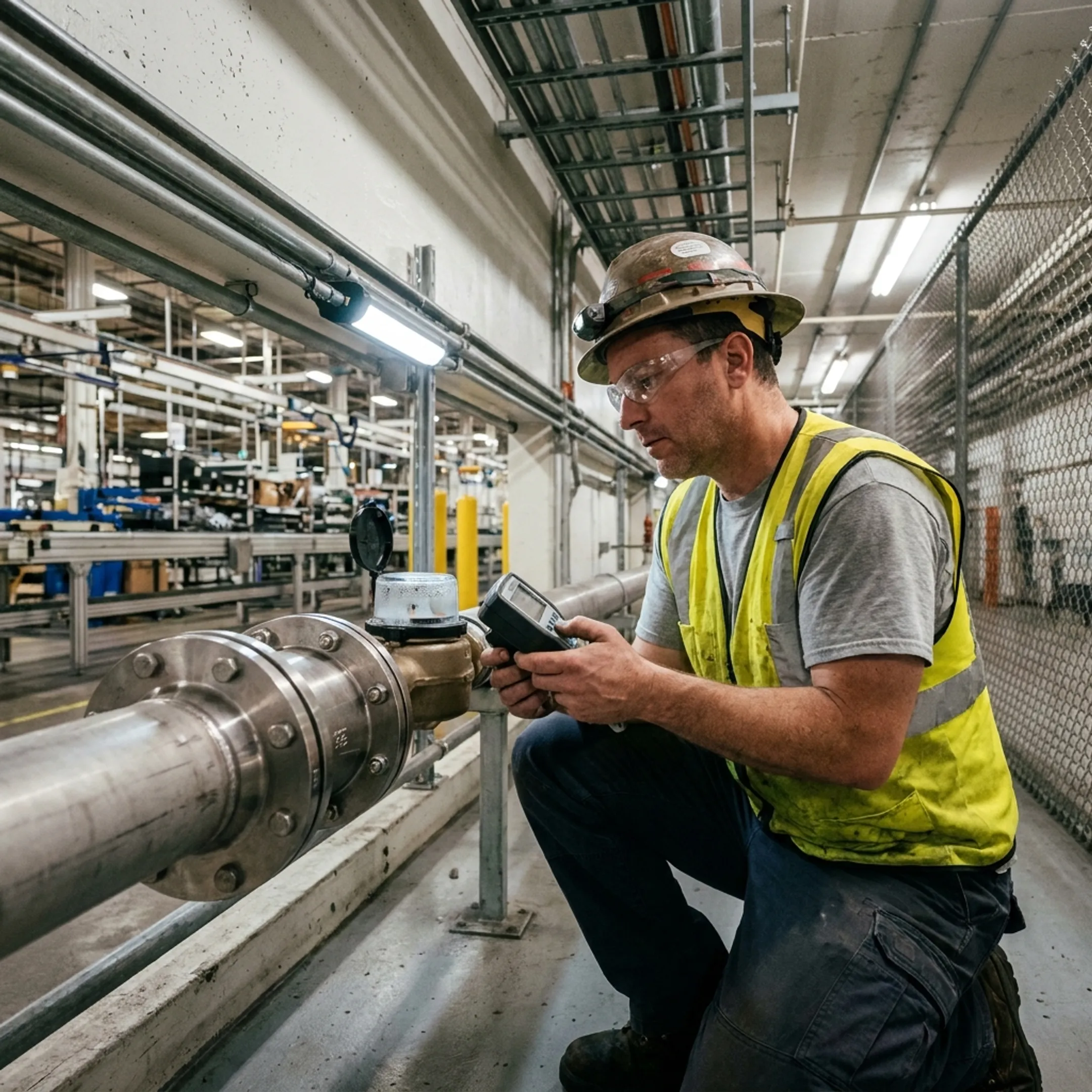 Technician evaluating water flow equipment at an automotive manufacturing facility