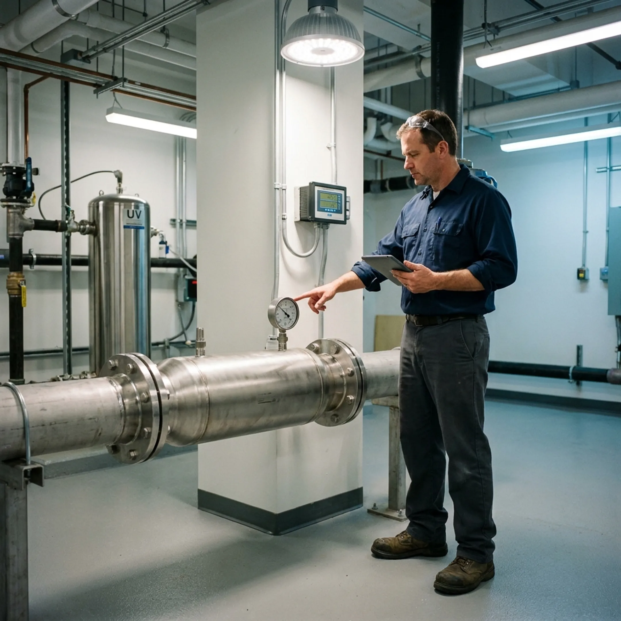 Flow conditioning device installed on piping serving a commercial UV disinfection system