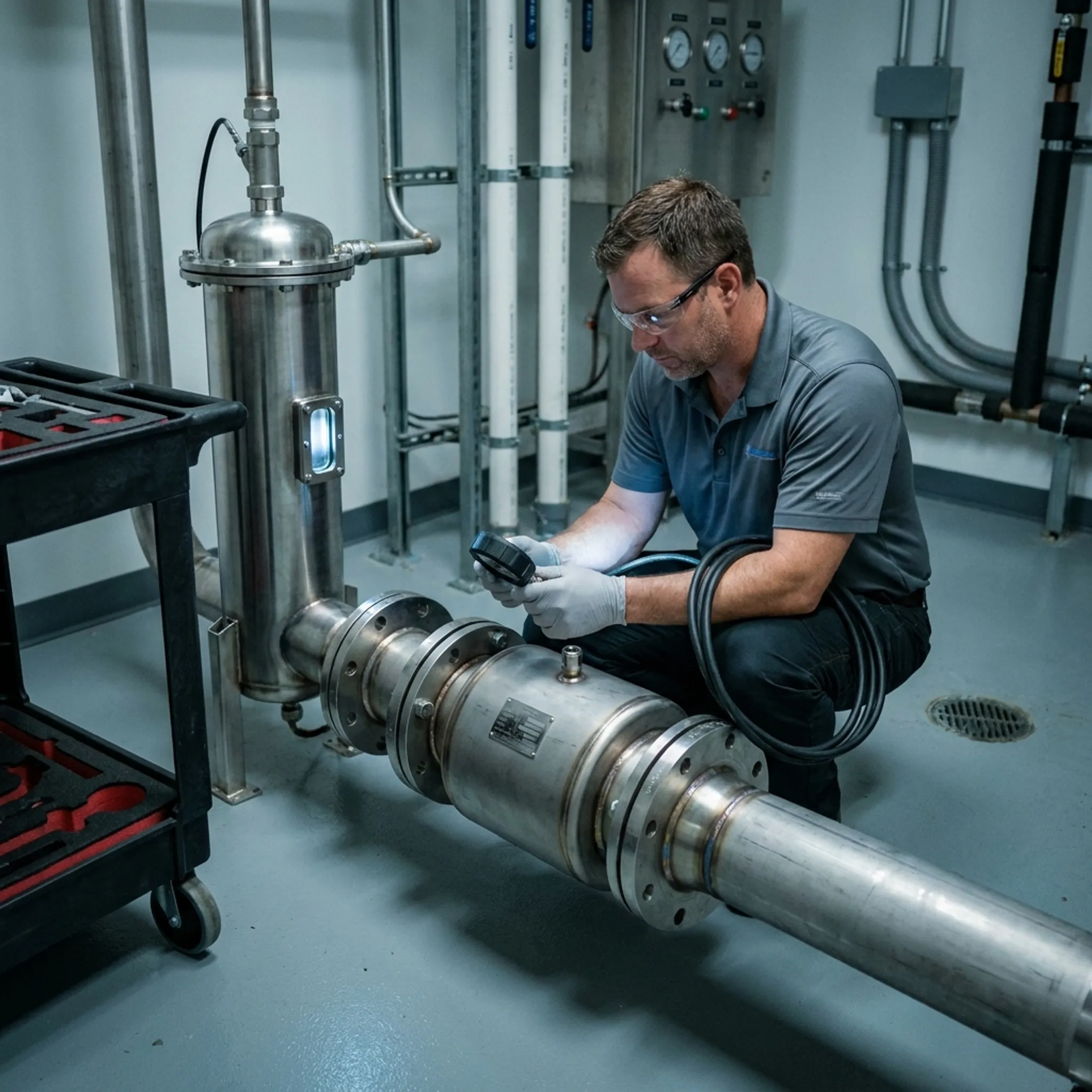 Technician inspecting conditioned water flow near UV disinfection equipment