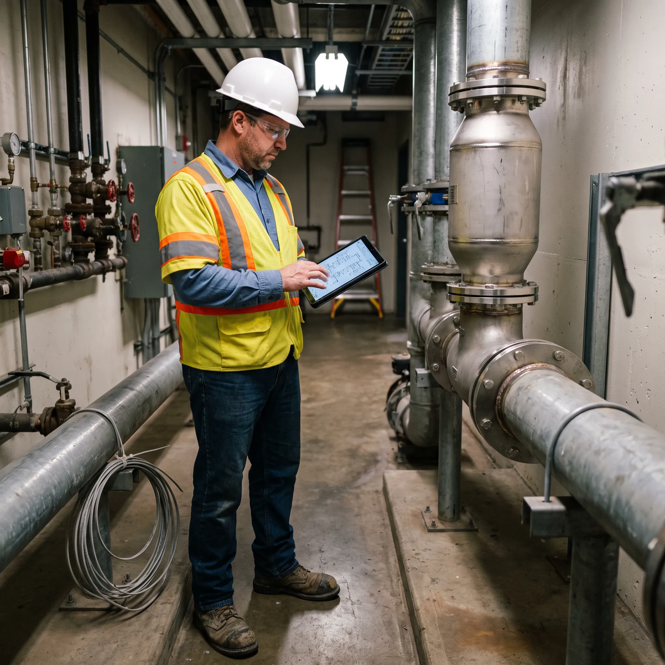 Technician reviewing a Flow Conditioning Device installation plan
