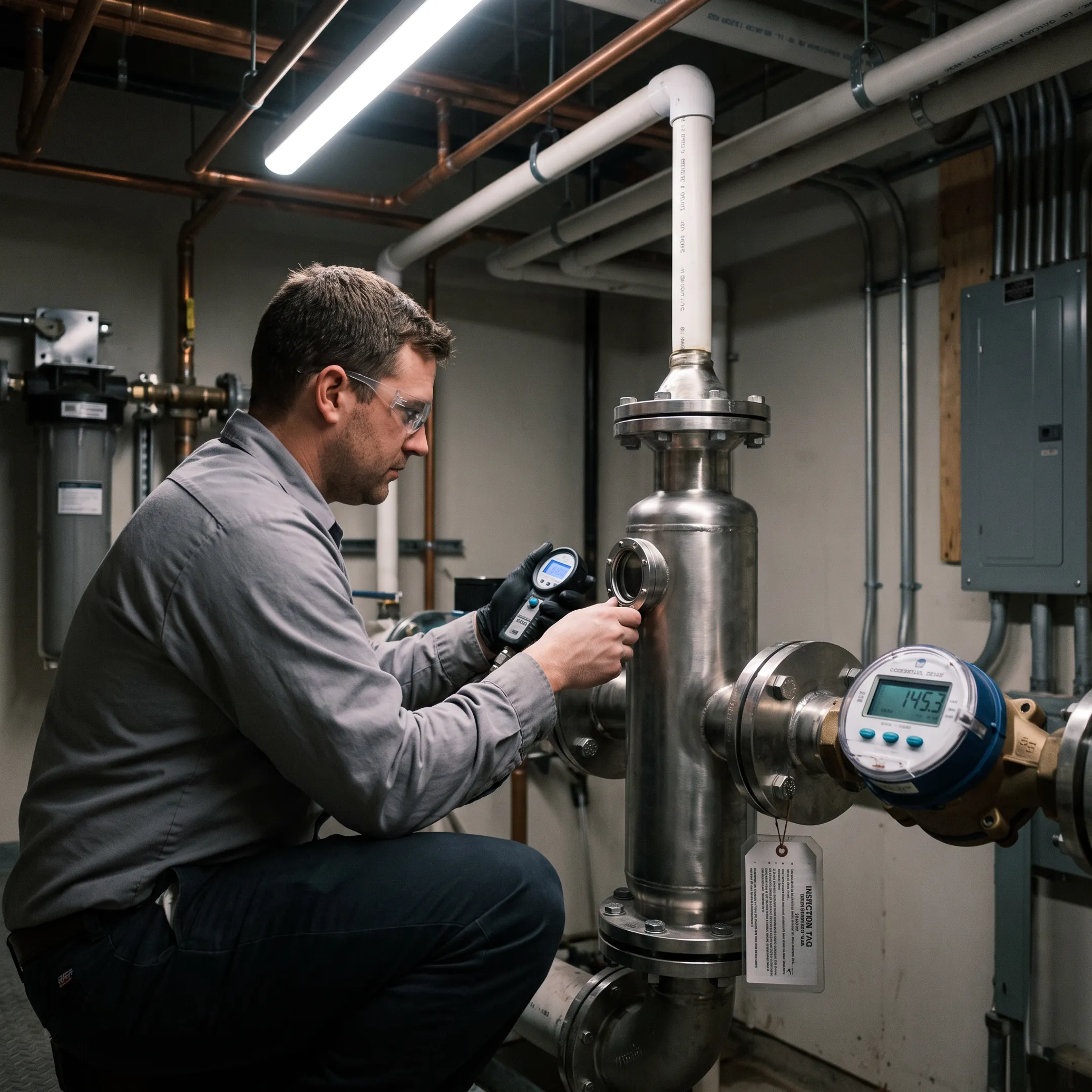 Technician inspecting a flow conditioning device near industrial filtration piping