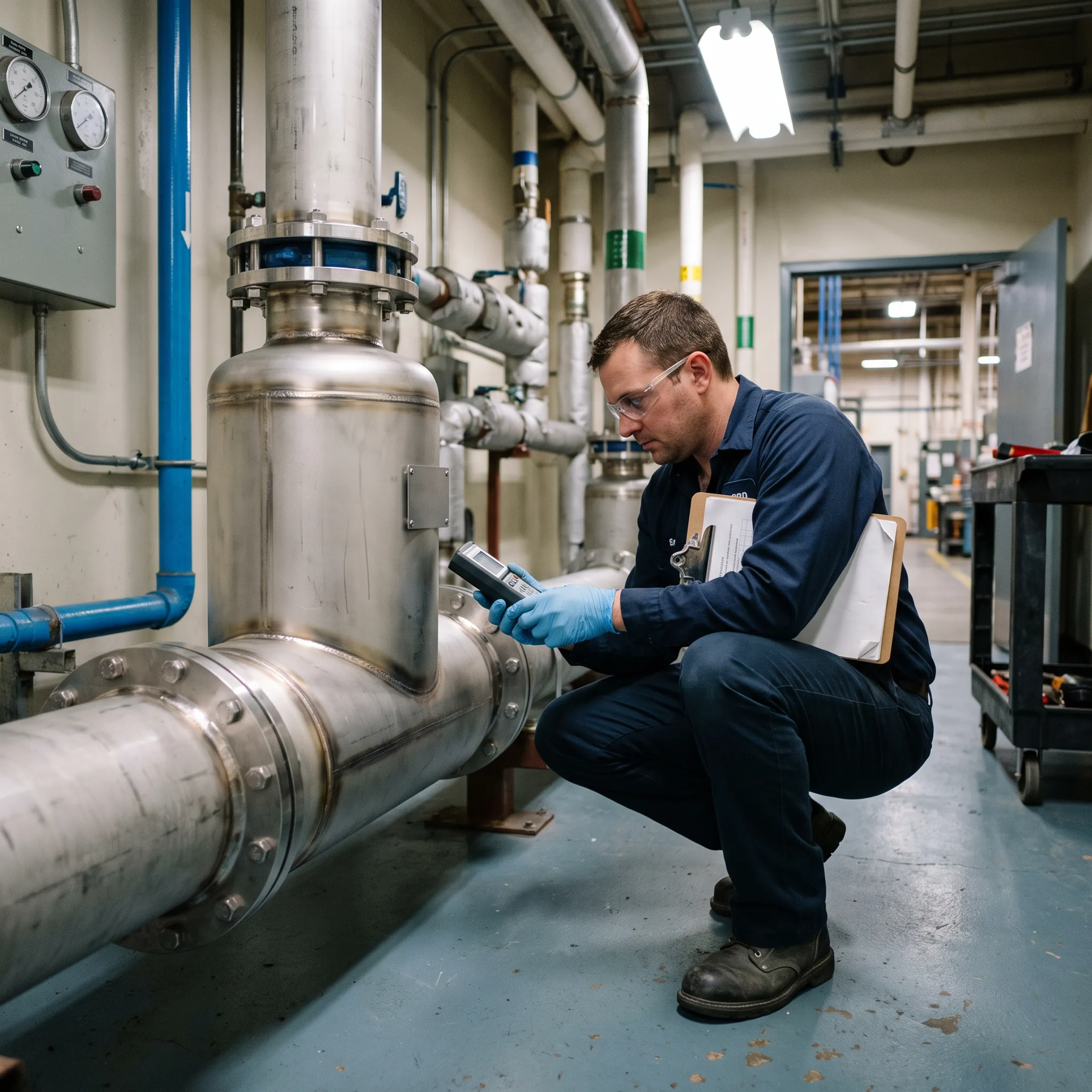 Technician examining flow conditioning equipment at an industrial facility
