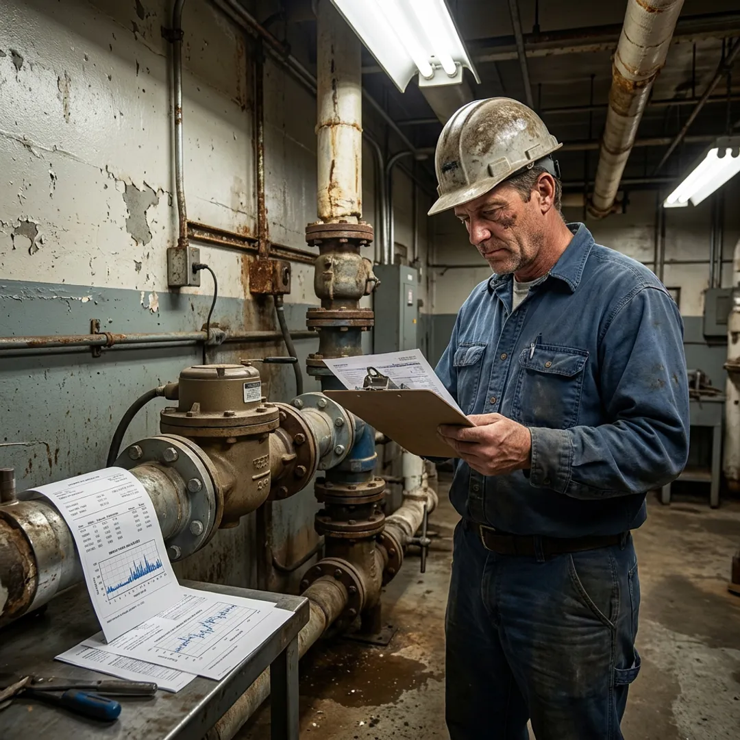 Technician reviewing commercial water meter data