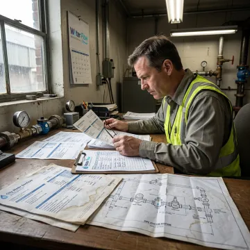 Engineer reviewing water bills and meter data