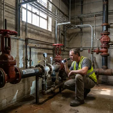 Technician inspecting industrial steam trap piping