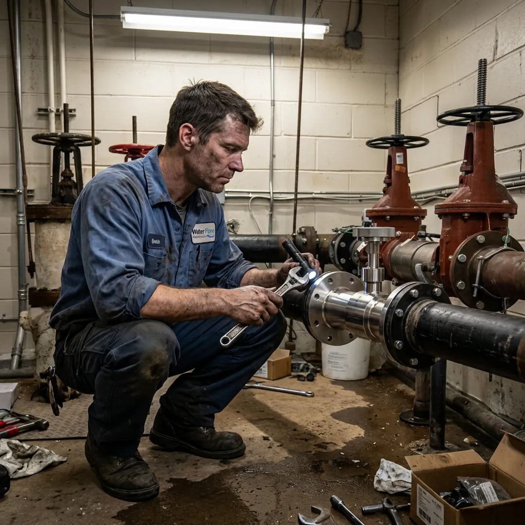 Technician reviewing commercial water meter installation