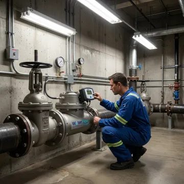 Technician inspecting a commercial water meter