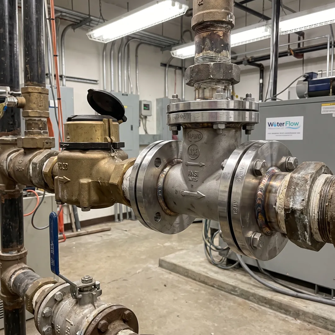 Flow conditioning device installed on a commercial water line