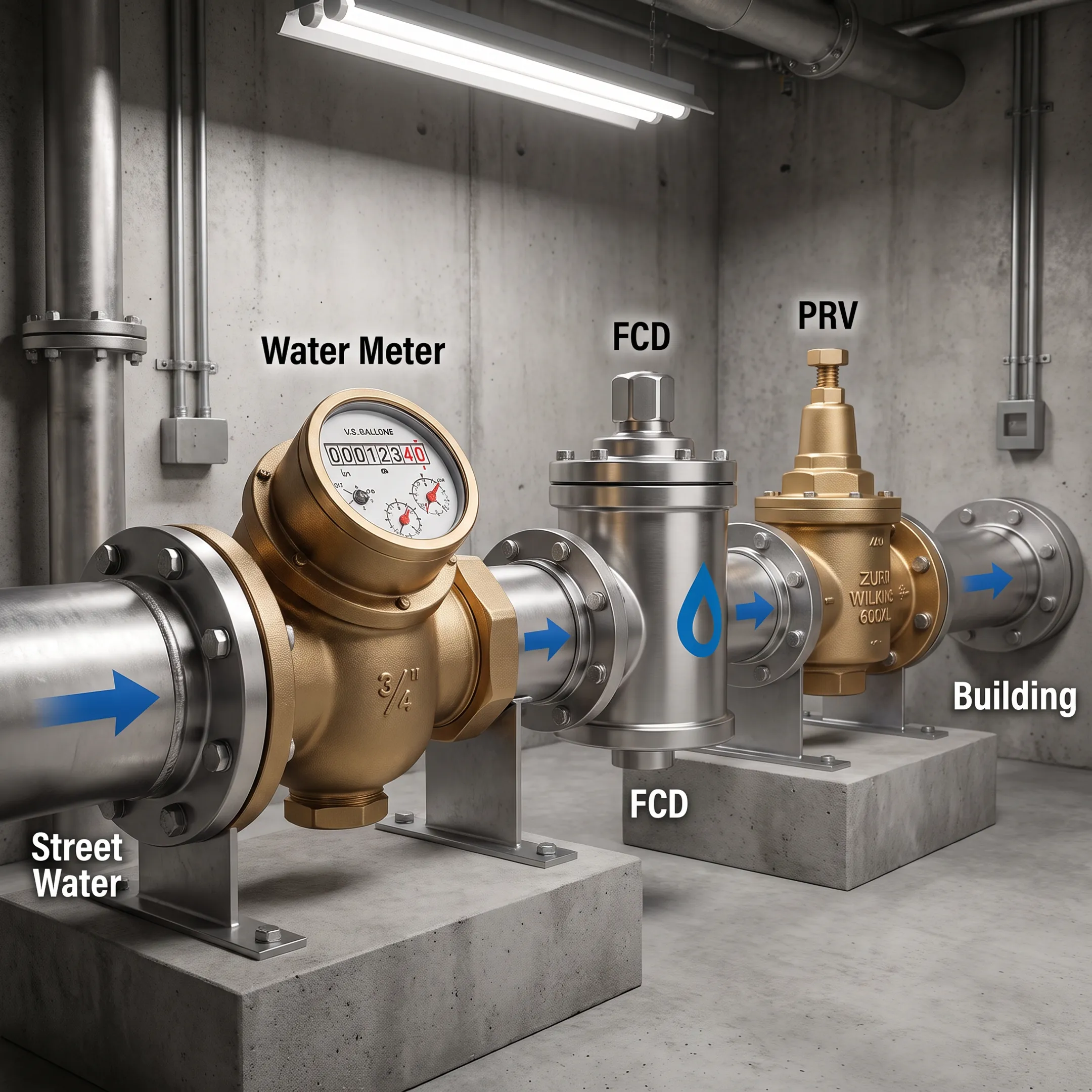 Flow conditioning device installed on a commercial facility water line