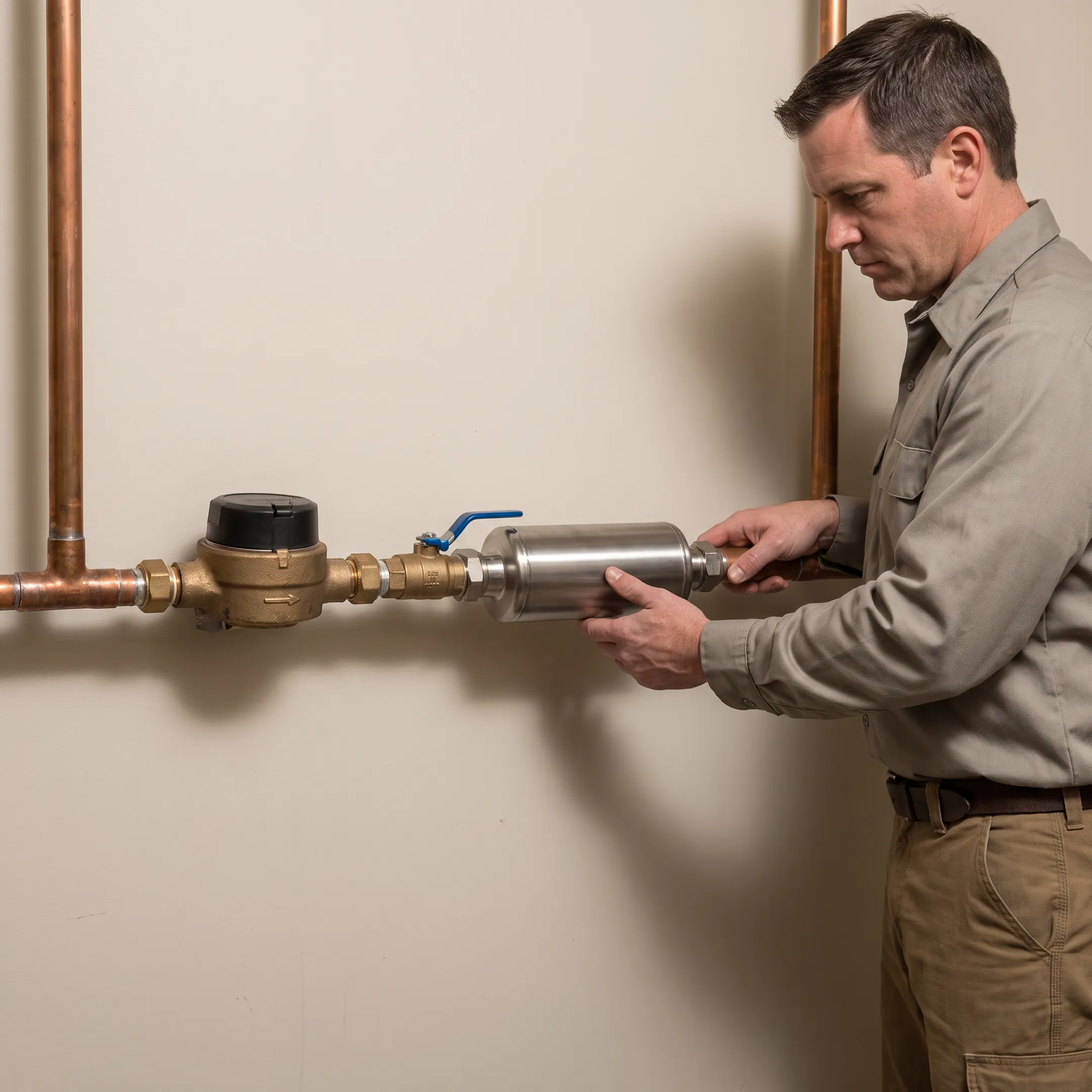 Technician inspecting a Flow Conditioning Device installation