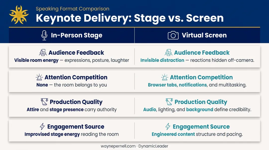 Virtual versus in-person keynote delivery four key differences comparison infographic