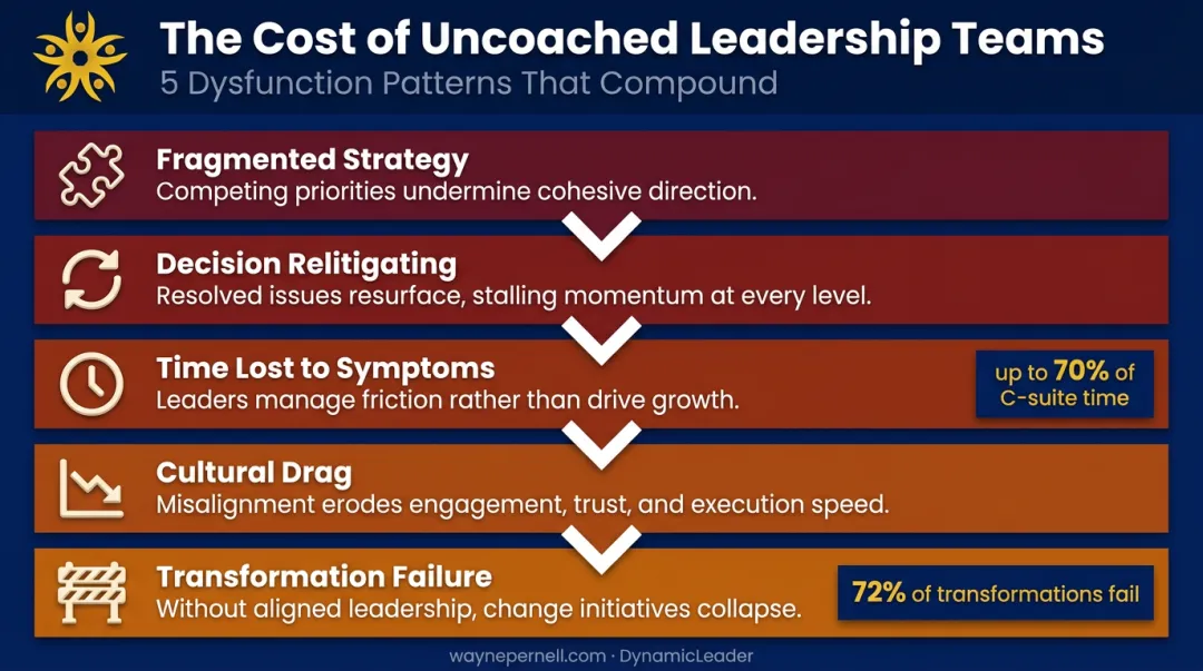 Five compounding leadership team dysfunction patterns and organizational performance costs