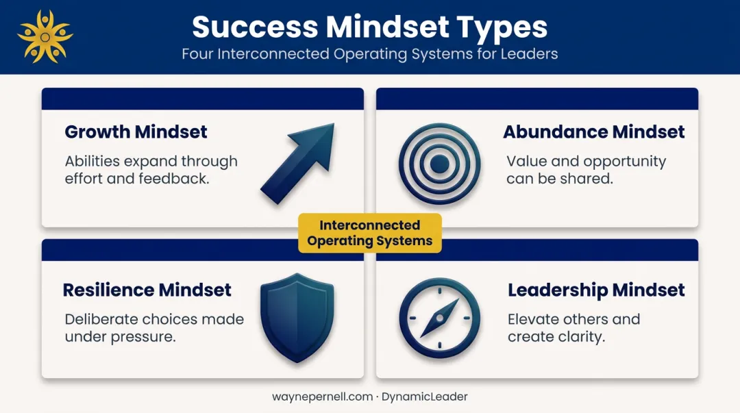Four success mindset types growth abundance resilience leadership comparison infographic