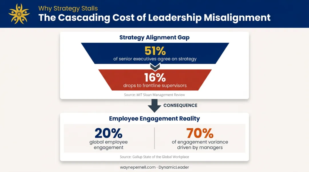 Leadership misalignment impact on employee engagement statistics infographic