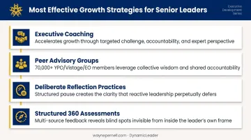 Four most effective senior leadership development strategies including coaching peer groups and reflection