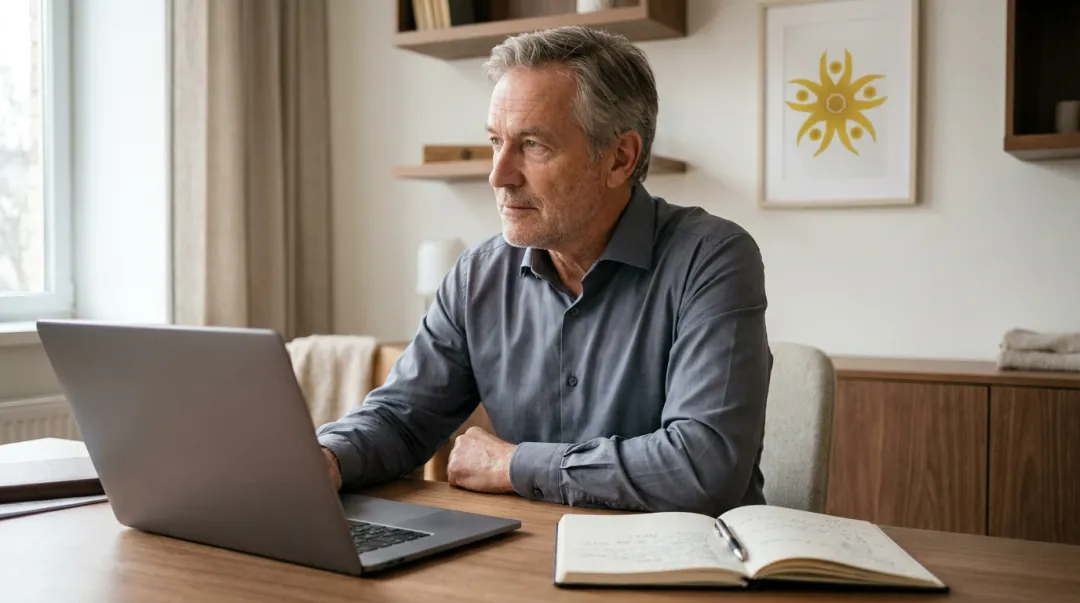 Senior leader self-reflecting at desk representing coaching mindset inner work