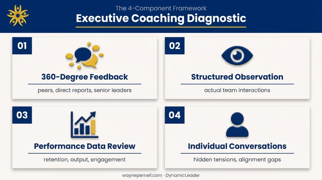 4-component executive coaching diagnostic assessment process infographic