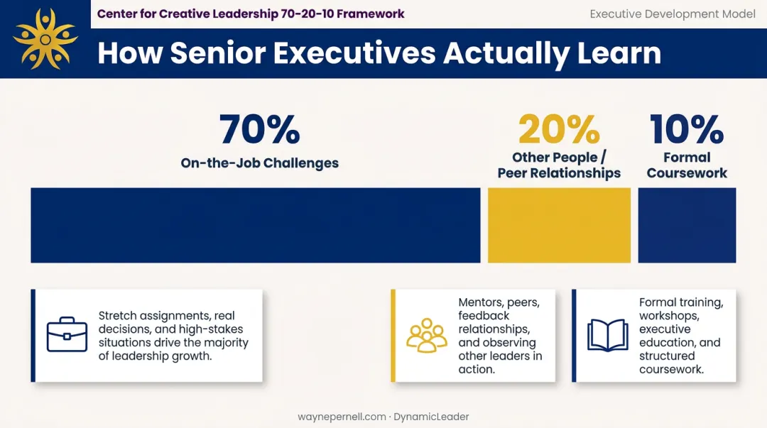 70-20-10 senior executive leadership development learning sources breakdown infographic