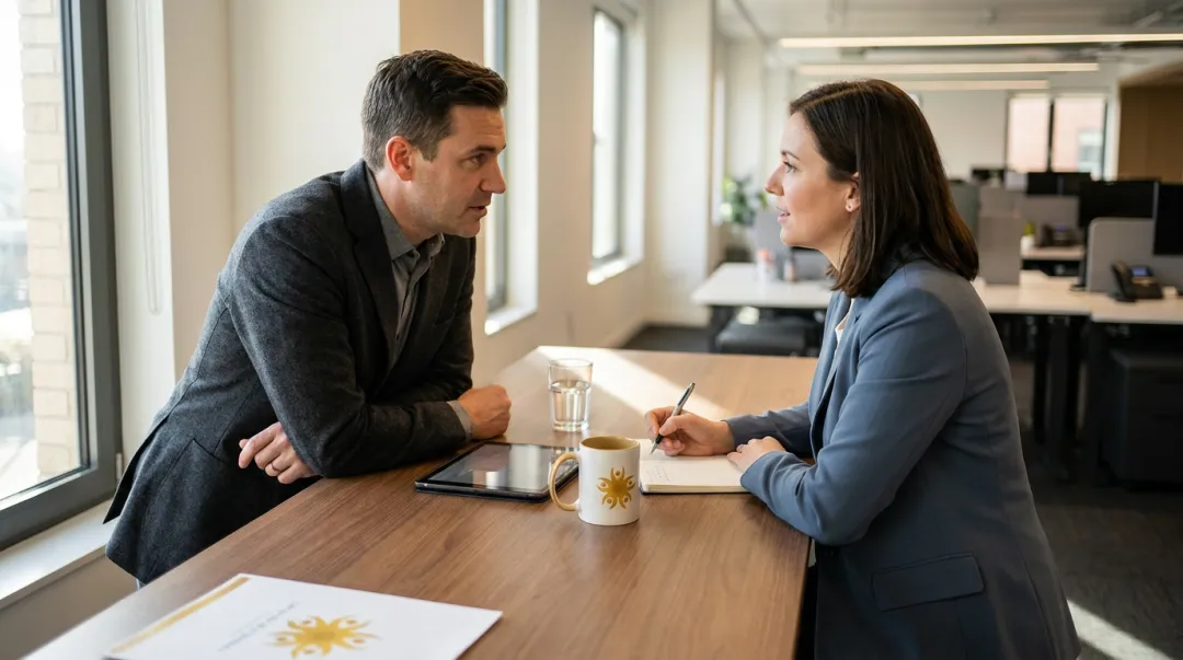 Manager and employee engaged in regular one-on-one performance feedback conversation