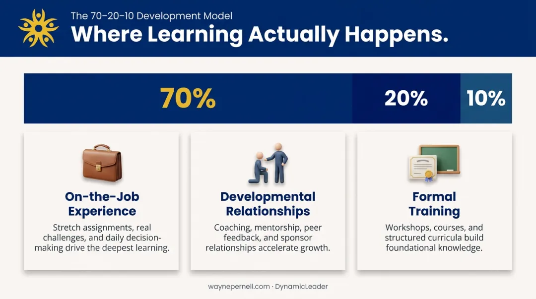 70-20-10 leadership development model on-the-job mentorship formal training breakdown