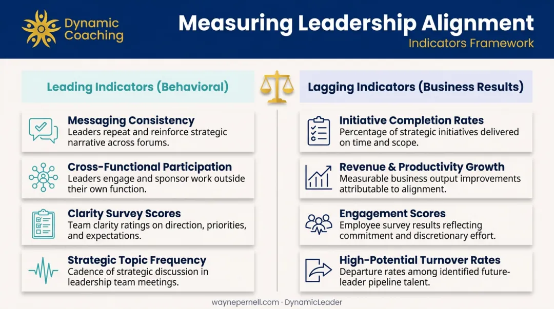 Leadership alignment metrics comparison leading behavioral indicators versus lagging business results
