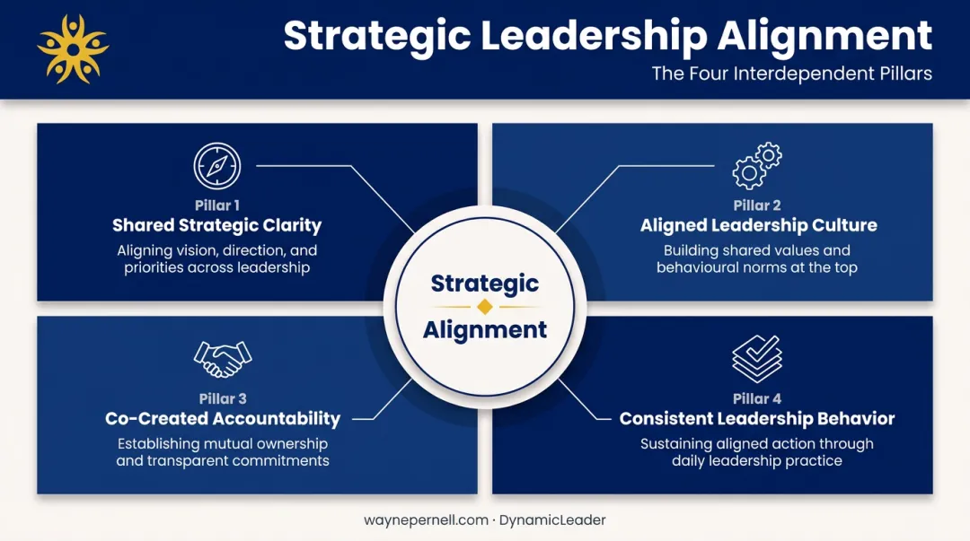 Four pillars of strategic leadership alignment interdependent framework diagram