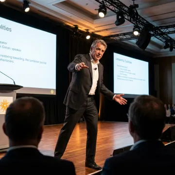 Leadership keynote speaker presenting to a corporate audience