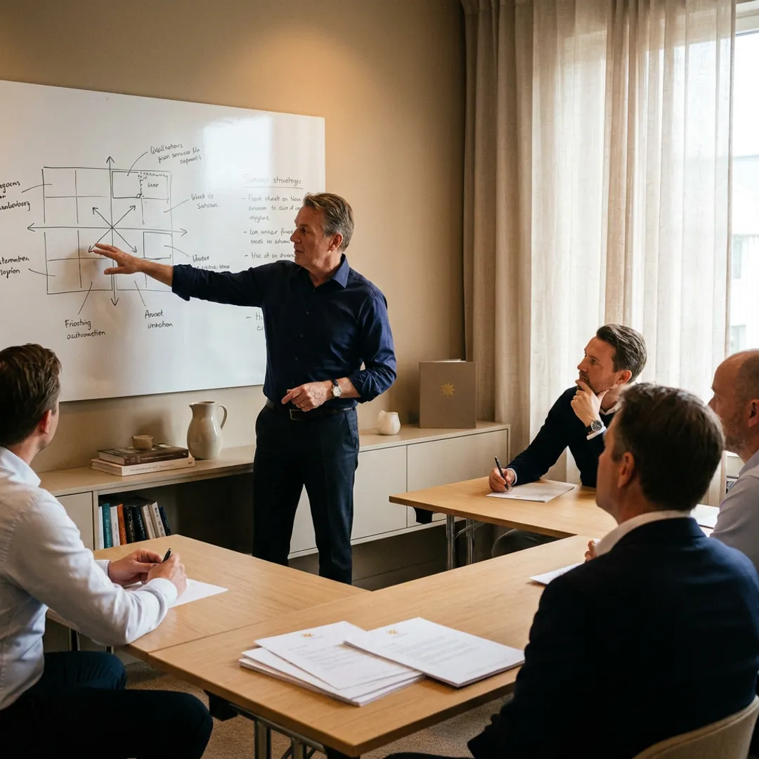 Business coach guiding entrepreneurs through a leadership framework