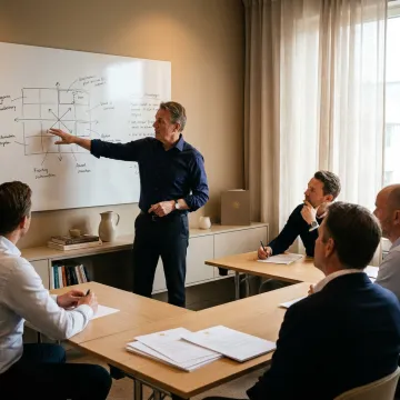 Business coach guiding entrepreneurs through a leadership framework