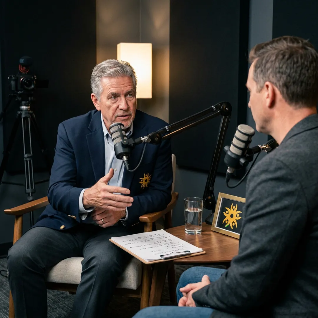 Executive podcast recording with leadership notes