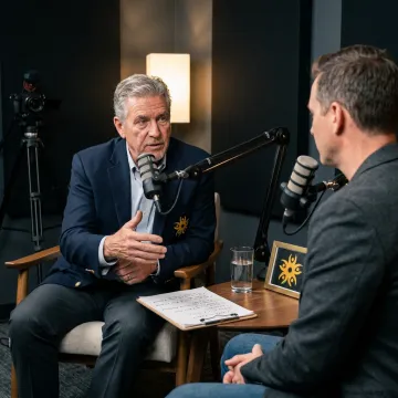 Executive podcast recording with leadership notes