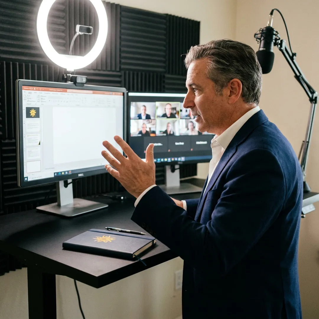 Dr. Wayne Pernell conducting a virtual keynote session with professional studio lighting and video setup