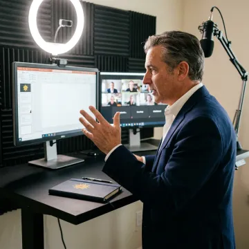 Dr. Wayne Pernell conducting a virtual keynote session with professional studio lighting and video setup
