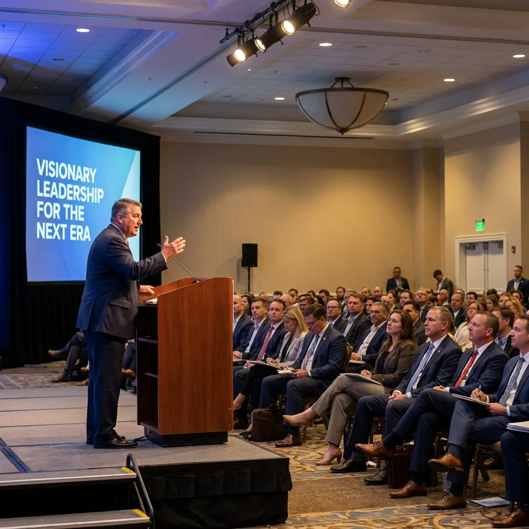 Leadership keynote speaker presenting to executives